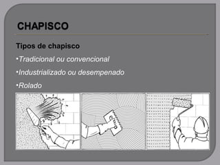 Tipos de chapisco
•Tradicional ou convencional
•Industrializado ou desempenado
•Rolado
 