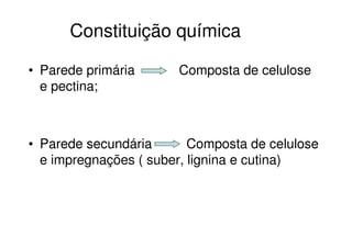 • Parede primária Composta de celulose
e pectina;
• Parede secundária Composta de celulose
e impregnações ( suber, lignina e cutina)
Constituição química
 