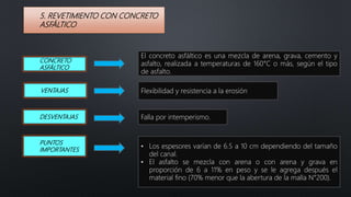 5. REVETIMIENTO CON CONCRETO
ASFÁLTICO
• Los espesores varían de 6.5 a 10 cm dependiendo del tamaño
del canal.
• El asfalto se mezcla con arena o con arena y grava en
proporción de 6 a 11% en peso y se le agrega después el
material fino (70% menor que la abertura de la malla N°200).
CONCRETO
ASFÁLTICO
El concreto asfáltico es una mezcla de arena, grava, cemento y
asfalto, realizada a temperaturas de 160°C o más, según el tipo
de asfalto.
VENTAJAS Flexibilidad y resistencia a la erosión
DESVENTAJAS Falla por intemperismo.
PUNTOS
IMPORTANTES
 