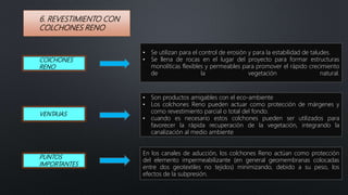 6. REVESTIMIENTO CON
COLCHONES RENO
En los canales de aducción, los colchones Reno actúan como protección
del elemento impermeabilizante (en general geomembranas colocadas
entre dos geotextiles no tejidos) minimizando, debido a su peso, los
efectos de la subpresión.
• Se utilizan para el control de erosión y para la estabilidad de taludes.
• Se llena de rocas en el lugar del proyecto para formar estructuras
monolíticas flexibles y permeables para promover el rápido crecimiento
de la vegetación natural.
COlCHONES
RENO
VENTAJAS
• Son productos amigables con el eco-ambiente
• Los colchones Reno pueden actuar como protección de márgenes y
como revestimiento parcial o total del fondo.
• cuando es necesario estos colchones pueden ser utilizados para
favorecer la rápida recuperación de la vegetación, integrando la
canalización al medio ambiente
PUNTOS
IMPORTANTES
 