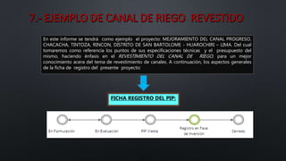 En este informe se tendrá como ejemplo el proyecto: MEJORAMIENTO DEL CANAL PROGRESO,
CHACACHA, TINTOZA, RINCON, DISTRITO DE SAN BARTOLOME - HUAROCHIRI – LIMA. Del cual
tomaremos como referencia los puntos de sus especificaciones técnicas y el presupuesto del
mismo, haciendo énfasis en el REVESTIMIENTO DEL CANAL DE RIEGO, para un mejor
conocimiento acera del tema de revestimiento de canales. A continuación, los aspectos generales
de la ficha de registro del presente proyecto:
FICHA REGISTRO DEL PIP:
 