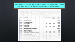 PRESUPUESTO DEL PROYECTO EN ESTUDIO TOMANDO EN CUENTA
LA INFLUENCIA DEL REVESTIMIENTO EN EL PRESUPUESTO.
 