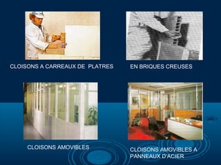 CLOISONS A CARREAUX DE PLATRES

CLOISONS AMOVIBLES

EN BRIQUES CREUSES

CLOISONS AMOVIBLES A
PANNEAUX D’ACIER

 