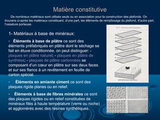 Matière constitutive
De nombreux matériaux sont utilisés seuls ou en association pour la construction des plafonds. On
trouvera ci-après les matériaux constituant, d’une part, les éléments de remplissage du plafond, d’autre part,
l’ossature porteuse.

1- Matériaux à base de minéraux:
- Éléments à base de plâtre ce sont des
éléments préfabriqués en plâtre dont le séchage se
fait en étuve conditionnée. on peut distinguer: plaques en plâtre naturel; - plaques en plâtre de
synthèse; - plaques de plâtre cartonnées se
composant d’un cœur en plâtre sur ses deux faces
et sur ses flancs à un revêtement en feuille de
carton spécial.
- Éléments en amiante ciment ce sont des
plaques rigide planes ou en relief.
- Éléments à base de fibres minérales ce sont
des plaques rigides ou en relief constituées de
minéraux filés à haute température (verre ou roche)
et agglomérés avec des résines synthétiques.

 