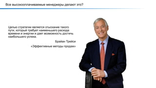 Все высокооплачиваемые менеджеры делают это?
Целью стратегии является отыскание такого
пути, который требует наименьшего расхода
времени и энергии и дает возможность достичь
наибольшего успеха.
Брайан Трейси
«Эффективные методы продаж»
 