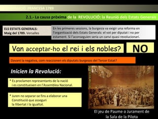 LA REVOLUCIÓ FRANCESA 1789LA REVOLUCIÓ FRANCESA 1789
3
En les primeres sessions, la burgesia va exigir una reforma en
l’organització dels Estats Generals: el vot per diputat i no per
estament. Si l’aconseguien seria un canvi quasi revolucionari.
En les primeres sessions, la burgesia va exigir una reforma en
l’organització dels Estats Generals: el vot per diputat i no per
estament. Si l’aconseguien seria un canvi quasi revolucionari.
Van acceptar-ho el rei i els nobles? NO
ELS ESTATS GENERALS:
Maig del 1789. Versalles
2.1.- La causa pròxima de la REVOLUCIÓ: la Reunió dels Estats Generals2.1.- La causa pròxima de la REVOLUCIÓ: la Reunió dels Estats Generals
Davant la negativa, com reaccionen els diputats burgesos del Tercer Estat?
Inicien la Revolució:
* Es proclamen representants de la nació
i es constitueixen en l’Assemblea Nacional.
* Juren no separar-se fins a elaborar una
Constitució que asseguri
la llibertat i la igualtat.
El jeu de Paume o Jurament de
la Sala de la Pilota
 