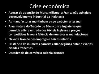 Crise económica Apesar da adopção do Mercantilismo, a França não atingiu o desenvolvimento industrial da Inglaterra As manufacturas mantinham o seu carácter artesanal A assinatura do Tratado de Eden com a Inglaterra que permitia a livre entrada dos têxteis ingleses a preços competitivos levou à falência de numerosas manufacturas Elevada taxa de desemprego e baixos salários Existência de inúmeras barreiras alfandegárias entre as várias cidades francesas Decadência do comércio colonial francês 