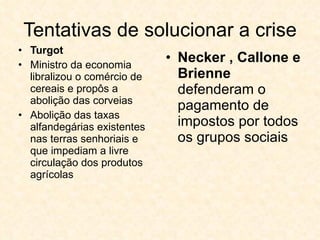 Tentativas de solucionar a crise Turgot Ministro da economia libralizou o comércio de cereais e propôs a abolição das corveias Abolição das taxas alfandegárias existentes nas terras senhoriais e  que impediam a livre circulação dos produtos agrícolas Necker , Callone e Brienne  defenderam o pagamento de impostos por todos os grupos sociais  