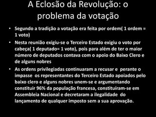 A Eclosão da Revolução: o problema da votação Segundo a tradição a votação era feita por ordem( 1 ordem = 1 voto) Nesta reunião exigiu-se o Terceiro Estado exigiu o voto por cabeça( 1 deputado= 1 voto), pois para além de ter o maior número de deputados contava com o apoio do Baixo Clero e de alguns nobres As ordens privilegiadas continuaram a recusar e  perante o impasse  os representantes do Terceiro Estado apoiados pelo baixo clero e alguns nobres unem-se e argumentando constituir 96% da população francesa, constituíram-se em Assembleia Nacional e decretaram a ilegalidade  do lançamento de qualquer imposto sem a sua aprovação. 