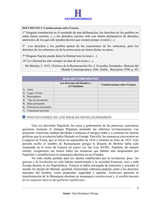 www.historia1imagen.cl

DOCUMENTO 2: Consideraciones sobre Francia.

1º Ninguna constitución es el resultado de una deliberación; los derechos de los pueblos no
están nunca escritos, (...) los derechos escritos sólo son títulos declarativos de derechos
anteriores, de los que sólo pueden decirse que existen porque existen (...).
3º Los derechos e los pueblos parten de las concesiones de los soberanos, pero los
derechos de los soberanos ni de la aristocracia no tienen fecha, no autor.
7º Ninguna Nación puede darse la libertad sino la tiene (...)
10º La Libertad ha sido siempre un don de los reyes (...).
De Maistre, J. 1815. (Teórico de la Restauración) En: J. González Fernández. Historia del
Mundo Contemporáneo, Edit. Edebe, Barcelona 1998, p. 49.
ANÁLISIS COMPARATIVO
Los Derechos del Hombre y
el Ciudadano
1.
2.
3.
4.
5.
6.
7.

Consideraciones sobre Francia

Autor
Lugar y Fecha
Destinatarios
Tipo de documento
Ideas principales
Diferencias principales
Comentario personal

PROYECCIONES DE LOS IDEALES REVOLUCIONARIOS
Una vez derrotado Napoleón, los reyes y gobernantes de las potencias vencedoras
quisieron restaurar el Antiguo Régimen anulando las reformas revolucionarias. Las
potencias victoriosas estaban decididas a restaurar el antiguo orden y a contener las fuerzas
políticas que la revolución había liberado en Europa. Para ello, los monarcas convocaron un
Congreso en Viena, que se inicio en septiembre de 1814 y terminó en Julio de 1815. Este
periodo recibe el nombre de Restauración porque la dinastía de Borbón había sido
restaurada en el trono de Francia (el nuevo rey fue Luis XVIII). También, de manera
similar, recuperaron sus tronos todos los monarcas que habían sido desposeídos por
Napoleón y restablecieron la monarquía absoluta en sus Estados.
No todo estaba perdido para los ideales establecidos por la revolución, pues las
guerras y la revolución no solo habían transformado a la sociedad Francesa, sino a toda
Europa durante la era Napoleónica. Francia se había encargado de transmitir y extender al
mundo los ideales de libertad, igualdad, fraternidad, soberanía popular, junto a los derechos
naturales del hombre, como propiedad, seguridad y opinión. Asimismo permitió la
transformación de la Monarquía absoluta en monarquía constitucional y el establecimiento
de los aspectos básicos del gobierno republicano.
4
Autor: Ana Henríquez Orrego

 