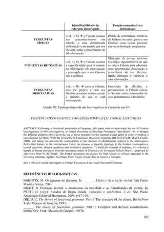 Identificabilidade do                 Função comunicativa e
                                           referente interrogado                     interacional

                                      (+id, -s R)    o Falante assume        Pedido de informação: tentativa
         PERGUNTAS                    seu      desconhecimento     em        do Falante em sanar, junto a seu
           TÍPICAS                    relação a uma determinada              Ouvinte, uma lacuna presente
                                      informação e pressupõe que seu         em sua informação pragmática
                                      Ouvinte tenha conhecimento de
                                      tal informação
                                                                             Marcação de relevo positivo:
                                      (-id, +s R)    o Falante assume        estratégia argumentativa de que
PERGUNTAS RETÓRICAS                   a especificidade para si mesmo         se vale o Falante para adicionar
                                      da informação sob interrogação         uma determinada informação à
                                      e pressupõe que o seu Ouvinte          consciência de seu Ouvinte,
                                      não a conheça                          dando destaque e saliência a
                                                                             essa informação

                                      (-id, -s R)   para o Falante,          Exposição de dúvidas e
         PERGUNTAS                    nem ele próprio e nem seu              pensamentos: o Falante coloca
        MEDITATIVAS                   Ouvinte possuem conhecimento           o Ouvinte como testemunha de
                                      a respeito do que se está              seus pensamentos e devaneios
                                      interrogando

                  Quadro 02: Tipologia tripartida das Interrogativas de Conteúdo nas EFs


      CONTENT INTERROGATIVES IN BRAZILIAN PORTUGUESE FORMAL ELOCUTIONS


ABSTRACT: Following a functional perspective of language, this paper aims to understand the use of Content
Interrogatives, or Wh-Interrogatives, in formal elocutions in Brazilian Portuguese. Specifically, we investigate
the different purposes involved in the use of these structures in the selected textual genre in order to propose a
classification for them. With the principles of Functional Discourse Grammar (HENGEVELD; MACKENZIE,
2008), and taking into account the configuration of the operator of identifiability applied to the interrogative
Referential Subact, in the Interpersonal Level, we propose a tripartite typology to the Content Interrogatives:
typical questions, rhetoric questions and meditative questions. To build the material of analyses, it’s selected a
sample of formal elocutions from the minimum corpus of Gramática do Português Falado Project, composed by
interviews from NURC/Brazil. The formal elocutions are classes for high school or colleges recorded in the
following Brazilian capitals: São Paulo, Porto Alegre, Recife, Rio de Janeiro e Salvador.

KEYWORDS: Content interrogatives; Formal Elocutions; Functional Discourse Grammar.



REFERÊNCIAS BIBLIOGRÁFICAS
BAKHTIN, M. Os gêneros do discurso. In: ______. Estética da criação verbal. São Paulo:
Martins Fontes, 2003.
BRAIT, B. Elocução formal: o dinamismo da oralidade e as formalidades da escrita. In:
PRETI, D. (org.). Estudos de língua falada: variações e confrontos. 2 ed. São Paulo:
Associação Editorial Humanitas, 2006. p.87-108.
DIK, S. C. The theory of functional grammar. Part I: The structure of the clause. Berlin/New
Tork: Mouton de Gruyter, 1997a.
______. The theory of functional grammar. Part II: Complex and derived constructions.
Berlin/New York: Mouton de Gruyter, 1997b.
                                                                                                             102
 