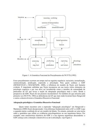 Figura 1: A Gramática Funcional de Procedimentos de NUYTS (1992)

Esses procedimentos ocorrem em tempo real na seguinte sequência: raciocínio, textualização,
sentencialização, predicação, expressão e articulação. Para quem conhece a GDF
(HENGEVELD e MACKENZIE, 2008), a influência do modelo de Nuyts será bastante
evidente. É importante sublinhar que Nuyts incorporou em sua teoria vários elementos da
psicologia cognitiva e por isso deve ser reconhecido como o membro da comunidade de
praticantes da GF que levou a noção da adequação psicológica mais a sério. Desde a
perspectiva da GDF, Nuyts foi um pioneiro incontornável. Foi também ele que articulou pela
primeira vez (NUYTS, 1982) as deficiências da GF que mais tarde levariam Kees Hengeveld
e outros a desenvolverem a Gramática Discursivo-Funcional.

Adequação psicológica e Gramática Discursivo-Funcional

       Quem tentar encontrar com a expressão “adequação psicológica” em Hengeveld e
Mackenzie (2008) ficará decepcionado. Uma diferença fundamental entre a GF e a GDF é que
a segunda rejeita a ambição de ser um modelo da falante. No entanto, pretende ser uma teoria
sobre a gramática que reflete as evidências psicolinguísticas na sua arquitetura básica. Por
exemplo, uma característica distintiva da GDF é a sua rigorosa arquitetura descendente: a
GDF começa com a intenção e desenvolve-se até à articulação, veja Figura 2.


                                                                                         11
 
