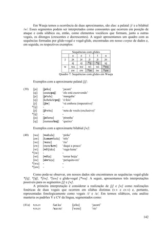 Em Wauja temos a ocorrência de duas aproximantes, são elas: a palatal /j/ e a bilabial
/w/. Esses segmentos podem ser interpretados como consoantes que ocorrem em posição de
ataque e coda silábica ou, então, como elementos vocálicos que formam, junto a outras
vogais, os ditongos (crescentes e decrescentes). A seguir apresentamos um quadro com as
sequências formadas por glide-vogal e vogal-glide, encontradas em nosso corpus de dados e,
em seguida, os respectivos exemplos:

                                         Sequências com glides
                                          a     e      i     È     u
                                  j      ja    je     ji    jÈ    ju
                                         aj    ej    *ij   *Èj    uj
                                  w     wa    we     wi    wÈ *wu
                                        aw    ew *iw Èw *uw
                               Quadro 7: Sequências com glides em Wauja

         Exemplos com a aproximante palatal [j]:

(39)     [ja]     [ja"ka]            ‘jacaré’
         [aj]     [anata"paj]        ‘ele está escrevendo’
         [je]     [je"tula]          ‘mangaba’
         [ej]     [kehekele"pej]     ‘é feio’
         [ji]     ["jiw]             ‘vá embora (imperativo)’
        *[ij]     -                  -
         [jÈ]     [jÈ"wÈtu]          ‘neta de vocês (exclusivo)’
        *[Èj]     -                  -
         [ju]     [ju"lama]          ‘piranha’
         [uj]     [numasa"kuj]       ‘queixo’

         Exemplos com a aproximante bilabial [w]:

(40)     [wa]     [wa"kula]          ‘pirão’
         [aw]     [kamaw"kula]       ‘três’
         [we]     ["wene]            ‘rio’
         [ew]     [mene"kew]         ‘daqui a pouco’
         [wi]     [wi"tSuku]         ‘vaga-lume’
        *[iw]     -                  -
         [wÈ]     [wÈ"ka]            ‘torrar beiju’
         [Èw]     [sÈw"tÈΩu]         ‘periquito-rei’
        *[wu]     -                  -
        *[uw]     -                  -

        Como pode-se observar, em nossos dados não encontramos as sequências vogal-glide
*[ij], *[Èj], *[iw], *[uw] e glide-vogal [*wu]. A seguir, apresentamos três interpretações
possíveis para os segmentos [j] e [w].
        A primeira interpretação é considerar a realização de [j] e [w] como realizações
fonéticas de duas vogais que ocorrem em sílabas distintas (v.v e cv.v) e, portanto,
representadas fonologicamente como vogais /i/ e /u/. Em termos silábicos, esta análise
manteria os padrões V e CV da língua, segmentados como:

(41a)    v.v.cv          /i.a".ka/           [ja"ka]         ‘jacaré’
         v.v.cv          /"u.e.ne/           ["wene]         ‘rio’

                                                                                         142
 