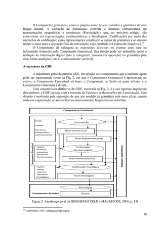 O Componente gramatical, como o próprio nome revela, constitui a gramática de uma
língua natural. A operação de formulação converte a intenção comunica        comunicativa em
representações pragmáticas e semânticas (Formulação), que, no próximo estágio, são
convertidas em representações morfossintáticas e fonológicas (Codificação) por meio das
operações de codificação; essas representações constituem o output da gramáti e ao mesmo
                                                                         gramática
tempo o input para a operação final de articulação, cujo resultado é a expressão linguística.25
       O Componente de saídagera as expressões acústicas ou escritas com base na
                             saídagera
informação fornecida pelo Componente Gramatical. Sua função pode ser entendida como a
tradução da informação digital (isto é, categorial, baseada em oposição) na gramática para
uma forma analógica (isto é, continuamente variável).

Arquitetura da GDF

       A arquitetura geral da própria GDF, em relação aos componentes que a ladeiam, agora
pode ser representada como na Fig. 2, em que o Componente Gramatical é apresentado no
centro, o Componente Conceitual no topo, o Componente de Saída na parte inferior e o
Componente Contextual à direita.
       Uma característica distintiva da GDF, mostrada na Fig. 2, é a sua rigorosa arquitetura
descendente: a GDF começa com a intenção do Falante e se desenvolve até a articulação. Essa
direção é motivada pela suposição de que um modelo de gramática será mais eficaz quanto
mais sua organização se assemelhar ao processamento linguístico no indivíduo.
                           semelhar




          Figura 2. Arcabouço geral da GDF(HENGEVELD e MACKENZIE, 2008, p. 13)
                  .

25
     ConfiraDik, 1997: adequação tipológica.
                                                                                            30
 