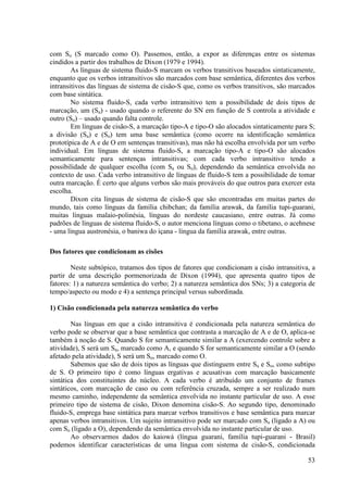 com So (S marcado como O). Passemos, então, a expor as diferenças entre os sistemas
cindidos a partir dos trabalhos de Dixon (1979 e 1994).
        As línguas de sistema fluido-S marcam os verbos transitivos baseados sintaticamente,
enquanto que os verbos intransitivos são marcados com base semântica, diferentes dos verbos
intransitivos das línguas de sistema de cisão-S que, como os verbos transitivos, são marcados
com base sintática.
        No sistema fluido-S, cada verbo intransitivo tem a possibilidade de dois tipos de
marcação, um (Sa) - usado quando o referente do SN em função de S controla a atividade e
outro (So) – usado quando falta controle.
        Em línguas de cisão-S, a marcação tipo-A e tipo-O são alocados sintaticamente para S;
a divisão (Sa) e (So) tem uma base semântica (como ocorre na identificação semântica
prototípica de A e de O em sentenças transitivas), mas não há escolha envolvida por um verbo
individual. Em línguas de sistema fluido-S, a marcação tipo-A e tipo-O são alocados
semanticamente para sentenças intransitivas; com cada verbo intransitivo tendo a
possibilidade de qualquer escolha (com Sa ou So), dependendo da semântica envolvida no
contexto de uso. Cada verbo intransitivo de línguas de fluido-S tem a possibilidade de tomar
outra marcação. É certo que alguns verbos são mais prováveis do que outros para exercer esta
escolha.
        Dixon cita línguas de sistema de cisão-S que são encontradas em muitas partes do
mundo, tais como línguas da família chibchan; da família arawak, da família tupi-guarani,
muitas línguas malaio-polinésia, línguas do nordeste caucasiano, entre outras. Já como
padrões de línguas de sistema fluido-S, o autor menciona línguas como o tibetano, o acehnese
- uma língua austronésia, o baniwa do içana - língua da família arawak, entre outras.

Dos fatores que condicionam as cisões

        Neste subtópico, tratamos dos tipos de fatores que condicionam a cisão intransitiva, a
partir de uma descrição pormenorizada de Dixon (1994), que apresenta quatro tipos de
fatores: 1) a natureza semântica do verbo; 2) a natureza semântica dos SNs; 3) a categoria de
tempo/aspecto ou modo e 4) a sentença principal versus subordinada.

1) Cisão condicionada pela natureza semântica do verbo

        Nas línguas em que a cisão intransitiva é condicionada pela natureza semântica do
verbo pode se observar que a base semântica que contrasta a marcação de A e de O, aplica-se
também à noção de S. Quando S for semanticamente similar a A (exercendo controle sobre a
atividade), S será um Sa, marcado como A, e quando S for semanticamente similar a O (sendo
afetado pela atividade), S será um So, marcado como O.
        Sabemos que são de dois tipos as línguas que distinguem entre Sa e So, como subtipo
de S. O primeiro tipo é como línguas ergativas e acusativas com marcação basicamente
sintática dos constituintes do núcleo. A cada verbo é atribuído um conjunto de frames
sintáticos, com marcação de caso ou com referência cruzada, sempre a ser realizado num
mesmo caminho, independente da semântica envolvida no instante particular de uso. A esse
primeiro tipo de sistema de cisão, Dixon denomina cisão-S. Ao segundo tipo, denominado
fluido-S, emprega base sintática para marcar verbos transitivos e base semântica para marcar
apenas verbos intransitivos. Um sujeito intransitivo pode ser marcado com Sa (ligado a A) ou
com So (ligado a O), dependendo da semântica envolvida no instante particular de uso.
        Ao observarmos dados do kaiowá (língua guarani, família tupi-guarani - Brasil)
podemos identificar características de uma língua com sistema de cisão-S, condicionada

                                                                                           53
 