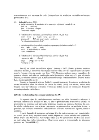 semanticamente pela natureza do verbo (independente da semântica envolvida no instante
particular de uso).

(8)   Kaiowá (Cardoso, 2008)
      a. verbo intransitivo de semântica ativa, marca por referência cruzada Sa=A
         jose o- ripara voj
         josé 3a.Sa-correr sempre
         ‘José corre sempre’

      b. verbo transitivo marcando A (correferência entre A e Sa (de 8a.))
          mitã kwery o- h-ajhu eterej juse-pe
          criança pl      3ª.A.-dir-amar muito José-Acus
          ‘as crianças amam muito José’

      c. verbo intransitivo de semântica estativa, marca por referência cruzada So=O
          nde    nde- r-asẽ        eterej
          você 2ª.sgSo-rel-chorar muito
          ‘você chora muito’

      d. verbo transitivo marcando O (correferência entre O e So (de 8c))
           jagwarete nde- r- eSa-mã
          onça        2ª.sgO-inv-ver-Pont
          ‘a onça já te viu’


        Em (8), os verbos intransitivos ‘ripara’ (correr) e ‘rasẽ’ (chorar) possuem natureza
semântica distintas, o primeiro é classificado com um verbo ativo e o segundo como um verbo
estativo (ou descritivo, de acordo com Seki, 1990). Notamos, também, que os marcadores de
pessoa e número indicados na morfologia verbal intransitiva ativa marca Sa, por referência
cruzada, no mesmo caminho que A, bem como morfologia verbal intransitiva estativa marca
So no mesmo caminho que O.
        Quanto às línguas de sistema fluido-S, o condicionamento de natureza semântica do
verbo intransitivo, além das classes de verbos de evento (ação) e de estado, institui uma
terceira classe de verbos que se refere a eventos que podem ou não ser controlados de acordo
com circunstâncias particulares.

2) Cisão condicionada pela natureza semântica dos SNs

       O segundo tipo de condicionamento resultante em cisão intransitiva refere-se à
natureza semântica dos núcleos dos SNs. O tipo de preenchimento do núcleo de um SN, se
pronominal ou nominal, pode apresentar diferentes sistemas de marcação flexional de caso.
Incidindo a distinção da marcação de caso dentre os pronominais e os nominais, tem-se, a
princípio, que o sistema pronominal será acusativo e o sistema nominal será ergativo, nunca o
contrário.
       A partir da noção de que certos núcleos de SNs são mais propensos a ser o controlador
do evento (ou da ação), enquanto outros menos propensos e outros não são nada propensos,
Dixon propõe uma Hierarquia Nominal (cf. tabela (1)) dos constituintes dos SNs que indica
as motivações das cisões intransitivas. Observemos abaixo a representação do diagrama
proposto por Dixon (1994:85):



                                                                                          54
 