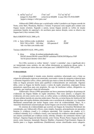 b. mã2ka3-nxa3x-a2             i2l-ho1-sxã3       ĩ3xi2-na1-hẽ3-la2
        manga-CL.fruta-DEF          cortar-levar-SEQIM ir.casa-1SG-T/E.PAS-IMPF
        ‘peguei a manga e voltei para casa’

       Aikhenvald (2000) afirma que a serialização verbal é produtiva em línguas arawák do
Norte, como Baré, Warekena, Baniwa e Tariana. O processo teria surgido pelo contato com
línguas tucano orientais. Segundo a autora, nessas línguas arawák os verbos de moção
assumiram funções de aspectual e de auxiliares para marcar direção, como se observa nas
línguas baré (14a) e tariana (14b).

Baré (AIKHENVALD, 2000, p.9)

(14) a. hena [nihiwa-waka nu-ʧereka]        nu-yaka-u             abi
        NEG 1SG.ir-NEG 1SG-falar            1SG-parente-F         POSP
        ‘não vou falar com minha mãe’

Tariana (AIKHENVALD, 1999, p.485)

     b. dima          di-hɲa di-emhani-pidanakuphe-nuku
        3SGNF.dormir3SGNF-comer3SGNF-caminhar-P.REM.INFERpeixe-TOP
        ‘ele foi pescar durante vários dias’

        Em (14b), ocorrem os verbos ‘dormir’, ‘comer’ e caminhar’, mas o significado deve
ser interpretado como unitário, ele não reflete diretamente as sequências dessas ações. A
leitura é ‘ir pescar por vários dias sem voltar para casa’ (AIKHENVALD, 1999, p.485).

Evidencialidade

        A evidencialidade é tratada como domínio semântico relacionado com a fonte ou
origem da informação expressa no enunciado, reservando o termo de categoria evidencial para
o elemento linguístico (afixo, clítico, partícula) que marca a fonte da informação. Sem dúvida,
todas as línguas possuem meios para qualificar evidencialmente um enunciado. Algumas
delas, como as línguas da família tucano e outras da região amazônica, empregam formas
gramaticais específicas para este propósito. Ou seja, há morfemas verbais, obrigatórios ou
opcionais, que sinalizam a fonte da informação.
        Aikhenvald e Dixon (1998) apresentam um breve panorama tipológico da presença de
evidenciais em línguas faladas na região amazônica. Para esses autores, a categoria dos
evidenciais, tal como ocorre com o tom, os verbos seriais e a referência alternada, fazem parte
de uma subárea inserida em uma área ainda maior. Para eles, as terras baixas da América do Sul
abrigam duas sub-regiões distintas relacionadas com a ocorrência de evidenciais: a) a Amazônia
Meridional caracterizada por incluir línguas como nível de evidencialidade ‘fraca’, b) a
Amazônia Setentrional caracterizada por incluir línguas com nível de evidencialidade ‘forte’.
        Os sistemas de evidencialidade que ocorrem em línguas da Amazônia Meridional são
considerados, por Aikhenvald e Dixon, como simples, baseados, principalmente em oposições
binárias [± evidência visual] e [± evidência reportada]. Três sistemas são citados: a) [±
evidência relatada], b) [± evidência visual], com marcação de evidência relatada opcional, c)
um sistema constituído por evidência ocular, inferida, relatada e de sentimento interno (‘gut
feeling’). Algumas línguas da família arawák, como Terena, Waurá, Paresi; línguas da família
arawá, como Jarawara, Jamamadi, Banawá, Madihá; o Kamaiurá (Tupi-Guarani); línguas da
família pano e a língua nambikwara (Nambikwara) seriam classificadas nessa categoria.
                                                                                            65
 