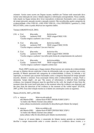 orientais. Assim como ocorre em línguas tucano, também em Tariana todo enunciado deve
incluir uma indicação de como o falante adquiriu a informação correspondente. Nesse sentido,
toda oração na língua tariana deve levar marcadores evidenciais fusionados com a categoria
de tempo (presente, passado recente e passado remoto). São reconhecidas quatro categorias de
evidencialidade: (16a) VISUAL, (16b) NÃO VISUAL, (16c) INFERIDA (‘genérico’), (16d)
RELATADA, como se pode observar nos seguintes dados.

Tariana (AIKHENVALD, 2003)

(16) a. Ceci         ʧinu-nuku              du-kwisa-ka
        Cecília      cachorro-TOP           3SGF-xingar-P.REC-VIS
        ‘Cecília xingou o cachorro’ (eu vi isso)

     b. Ceci         ʧinu-nuku             du-kwisa-mahka
        Cecília      cachorro-TOP          3SGF-xingar-P.REC.NVIS
        ‘Cecília xingou o cachorro’ (eu ouvi fazê-lo)

     d. Ceci         ʧinu-nuku              du-kwisa-sika
        Cecília      cachorro-TOP           3SGF-xingar-P.REC.INFER
        ‘Cecília xingou o cachorro’ (eu infiro pela forma de comportamento do cachorro)

     e. Ceci         ʧinu-nuku             du-kwisa-pidaka
        Cecília      cachorro-TOP          3SGF-xingar-P.REC.REL
        ‘Cecília xingou o cachorro’ (alguém contou-me)

       Fleck (2007) mostra que a língua matsés (Pano) possui um sistema de evidencialidade
em que os falantes devem explicitar a fonte da informação toda vez que reportem um evento
passado. O Matsés apresenta três categorias de evidencialidade: i) direta, ii) inferida, e iii)
suposição, os mesmos que ocorrem fusionados como a categoria funcional do tempo passado
(recente, distante e remoto). Essa associação íntima entre evidencialidade e tempo, Fleck a
denomina ‘tempo duplo’, em que “the source of information is inferred from resulting
evidence, two temporal distances must be specified on the verb: the length of time from the
moment when the event itself took place to the moment when the evidence was detected; and
the time from the detection of the evidence to the moment of the verbal report’ (FLECK,
2007, p.589). Essa inter-relação mostra-se evidente em construções como as seguintes.

Matsés (FLECK, 2007, p.589-560)

(17) a. mayu-n              bëste-wa-ak-onda-şh
        não.Matsés-ERG cabana-fazer-P.REC.INFER-P.DIST.EXP-3
        ‘os índios não Matsés fizeram uma cabana’
        [uma cabana recentemente construída foi descoberta pelo falante faz tempo]

     b. mayu-n              bëste-wa-nëdak-o-şh
        não.Matsés-ERG cabana-fazer-P.DIST.INFER-P.REC.EXP-3
        ‘os índios não Matsés fizeram uma cabana’
        [uma cabana velha foi descoberta pelo falante recentemente]

        Como se vê nesses dados, o enunciado do falante matsés permite ao interlocutor
decifrar o tempo transcorrido entre o evento descrito e a evidência desse evento, e a
                                                                                            67
 