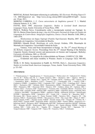 MONTAG, Richard. Participant referencing in cashinahua. SIL Electronic Working Papers13:
1-9, 2005.Disponível em: <http://www.sil.org./silewp/2005//silewp2005-013pdf>. Acesso
em: 10 jan. 2011.
MORENO CABRERA, J. C. Curso universitario de lingüística general. T. 1. Madrid:
Editorial Síntesis, S. A., 1991.
PAYNE, Doris 1990. Amazonian Linguistics. Studies in Lowland South American
Languages.Texas, Austin: University of Texas Press, 1990.
PRAÇA, Walkíria Neiva. Considerações sobre a incorporação nominal em Tapirapé. In:
SILVA, Denize Elena Garcia da (org.). Atas do II Encontro Nacional do Grupo de Estudos da
Linguagem do Centro-Oeste: Integração Lingüística, Étnica e Social. Brasília: UnB, 2004. p.
1464-1470.
______. Morfossintaxe da língua Tapirapé (Família Tupi-Guaraní). Brasília, 2007. Tese de
Doutorado em Linguística. Universidade de Brasília.
RIBEIRO, Eduardo Rivail. Morfologia do verbo Karajá. Goiânia, 1996. Dissertação de
Mestrado em Linguística. Universidade Federal de Goiás.
______. Valence, Voice and Noun Incorporation in Karajá. In: The 27th Annual Meeting of
the Berkeley Linguistic Society. Proceedings from the 27th Annual Meeting of the Berkeley
Linguistic Society (General session and parassession on Gesture and Language). Berkeley:
University of California, 2001. p. 229-243.
STENZEL, Kristine. As categorias de evidencialidade em Wanano. LIAMES 6:7-28, 2006.
______. Evidentials and clause modality in Wanano. Studies in Language 32(2): 405-445,
2008.
WEIR, E. M. Helen. Incorporation in Nadëb. In: PAYNE, Doris L. Amazonian Linguistics.
Studies in Lowland South American Languages, Texas, Austin: Texas University Press, 1990.
p. 321-363.

Abreviaturas

1 = Primeira pessoa; 2 = Segunda pessoa; 3 = Terceira pessoa; I = Prefixo série I; I2 = Indicativo2; II = Prefixo
série II; III = Prefixo série III; A = Sujeito transitivo; ABS = Absolutivo; ADJ = Adjetivo; ADVLZ =
Adverbializador; AFET = Afetado; AGT = Agente; AN = Animado; ANAF = Anafórico; ASP = Aspecto; AUM
= Aumentativo; BEM = Benefativo; CAUS = Causativo; CL = Classificador; COL = Coletivo; COM =
Comitativo; COMPL = Completivo; CONJ = Conjunção; COP = Cópula; CTFG = Centrífuga; DAT = Dativo;
DECL = Declarativo; DEF = Definido; DEM = Demonstrativo; DESD = Desiderativo; DET = Determinante;
DIM = Diminutivo; DIR = Direcional; DUR = Durativo; ENF = Enfático, ênfase; EP = Epêntese; ERG =
Ergativo; EXCL = Exclusivo; EXP = Experencial; F = Feminino; FIN = Finalidade; FRUST = Frustrativo; FUT
= Futuro; GER = Gerúndio; HAB = Habitual; IMP = Imperativo; IMPF = Imperfeito; INAN = Inanimado; INCL
= Inclusivo; INCOMPL = Incompletivo; INDIC = Indicativo; INFER = Inferencial; INTENS = Intensificador;
INTERR = Interrogativo; INTR = Intransitivo; LIN = Lineal; LOC = Locativo; M = Masculino; MOV =
Movimento; MS = Mesmo sujeito; N = Nome, Nominal; NARR = Narrativo; NEG = Negativo; NF = Não
feminino; NMLZ = Nominalizador; NPOSS = Não possessivo; NVIS = Não visual; OBJ = Objeto; P. DIST =
Passado distante; P.REC = Passado recente; P.REM = Passado remoto; PAS = Passado; PF = Perfeito; PL =
Plural; PONT = Pontual; POSP = Posposição; POSS = Possessivo; PREF = Prefixo; PROG = Progressivo; R =
Relacional; RECP = Recíproco; RED = Reduplicação; REF.ESP = Referencial específico; REFER = Referente;
REL = Relatada; RELZR = Relativizador; RFL = Reflexivo; SD = Sujeito diferente; SEQIM = Sequência
imediata; SER = Verbo serial; SG = Singular; SN = Sintagma Nominal; SUP = Suposição; T/E =
Tempo/Evidencial; TMP = Temporal; TOP = Tópico; TR = Transitivo; VBLZ = Verbalizador.




                                                                                                             72
 