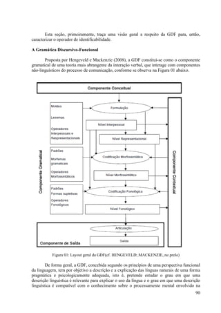 Esta seção, primeiramente, traça uma visão geral a respeito da GDF para, então,
caracterizar o operador de identificabilidade.

A Gramática Discursivo-Funcional

       Proposta por Hengeveld e Mackenzie (2008), a GDF constitui-se como o componente
gramatical de uma teoria mais abrangente da interação verbal, que interage com componentes
não-linguísticos do processo de comunicação, conforme se observa na Figura 01 abaixo.




           Figura 01: Layout geral da GDF(cf. HENGEVELD; MACKENZIE, no prelo)

        De forma geral, a GDF, concebida segundo os princípios de uma perspectiva funcional
da linguagem, tem por objetivo a descrição e a explicação das línguas naturais de uma forma
pragmática e psicologicamente adequada, isto é, pretende estudar o grau em que uma
descrição linguística é relevante para explicar o uso da língua e o grau em que uma descrição
linguística é compatível com o conhecimento sobre o processamento mental envolvido na
                                                                                          90
 
