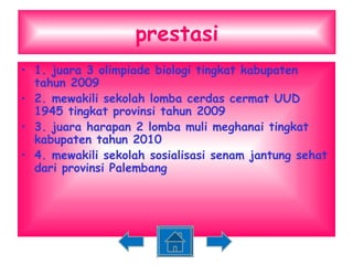 prestasi 1. juara 3 olimpiade biologi tingkat kabupaten tahun 2009 2. mewakili sekolah lomba cerdas cermat UUD 1945 tingkat provinsi tahun 2009 3. juara harapan 2 lomba muli meghanai tingkat kabupaten tahun 2010 4. mewakili sekolah sosialisasi senam jantung sehat dari provinsi Palembang 
