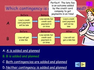 Perfect! The late fee
                                       is an outcome added
  Which contingency is added and planned?
                                        by the credit card
                                          company to get
                                       payments in on time!
             Before          Behavior              After
                            Lisa sends her       Lisa’s credit
           Lisa’s credit
  A
                              credit card       card payment
          card payment
                              payment in          will not be
            will be late
                                on time               late

            Before           Behavior              After
                            Lisa sends her

  B       Lisa will get
           a late fee
                              credit card
                              payment in
                                                 Lisa will not
                                                get a late fee
                                on time



A. A is added and planned
B. B is added and planned
C. Both contingencies are added and planned
D. Neither contingency is added and planned
 