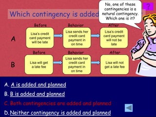 No, one of these
                                              contingencies is a
  Which contingency is added and planned?    natural contingency.
                                               Which one is it?
             Before          Behavior           After
                            Lisa sends her    Lisa’s credit
           Lisa’s credit
  A
                              credit card    card payment
          card payment
                              payment in       will not be
            will be late
                                on time            late

            Before           Behavior            After
                            Lisa sends her

  B       Lisa will get
           a late fee
                              credit card
                              payment in
                                               Lisa will not
                                              get a late fee
                                on time



A. A is added and planned
B. B is added and planned
C. Both contingencies are added and planned
D. Neither contingency is added and planned
 