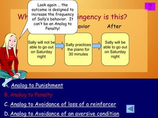 Look again … the
           outcome is designed to
           increase the frequency
     What kind of contingency is this?
            of Sally’s behavior. It
             can’t be an Analog to
             Before Penalty!     Behavior        After

         Sally will not be                      Sally will be
                             Sally practices
          able to go out                       able to go out
                              the piano for
           on Saturday                          on Saturday
                               30 minutes
               night                               night




A. Analog to Punishment
B. Analog to Penalty
C. Analog to Avoidance of loss of a reinforcer
D. Analog to Avoidance of an aversive condition
 
