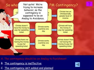 So what’s wrong increasethe PM Contingency?
             Not quite!with
             trying to
                        We’re

                      behavior, so the
                                                     Christa has an
            Christa has contingencyChrista works
                        a           is                infinitesimally
                     supposed to be an
            given level of         overtime one
                                                     greater level of
               income                   day
                   Analog to Avoidance.                   income



           Christa doesn’t                          Christa will have
                                   Christa works
          have the money to                           the money to
                                   overtime one
          pay her speeding                          pay her speeding
                                        day
                ticket                                    ticket



          Christa fears not                        Christa doesn’t fear
                                   Christa works
          having the money                           not having the
                                   overtime one
              to pay her                            money to pay her
                                        day
           speeding ticket                           speeding ticket




A. The contingency should be an Analog to Punishment
B. The contingency is ineffective
C. The contingency isn’t added and planned
 