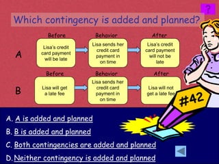 Which contingency is added and planned?
             Before          Behavior           After
                            Lisa sends her    Lisa’s credit
           Lisa’s credit
  A
                              credit card    card payment
          card payment
                              payment in       will not be
            will be late
                                on time            late

            Before           Behavior           After
                            Lisa sends her

  B       Lisa will get
           a late fee
                              credit card
                              payment in
                                              Lisa will not
                                             get a late fee
                                on time



A. A is added and planned
B. B is added and planned
C. Both contingencies are added and planned
D. Neither contingency is added and planned
 