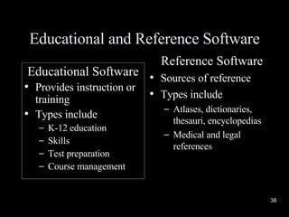 Educational and Reference Software Educational Software Provides instruction or training Types include K-12 education Skills Test preparation Course management  Reference Software Sources of reference Types include Atlases, dictionaries, thesauri, encyclopedias  Medical and legal references  