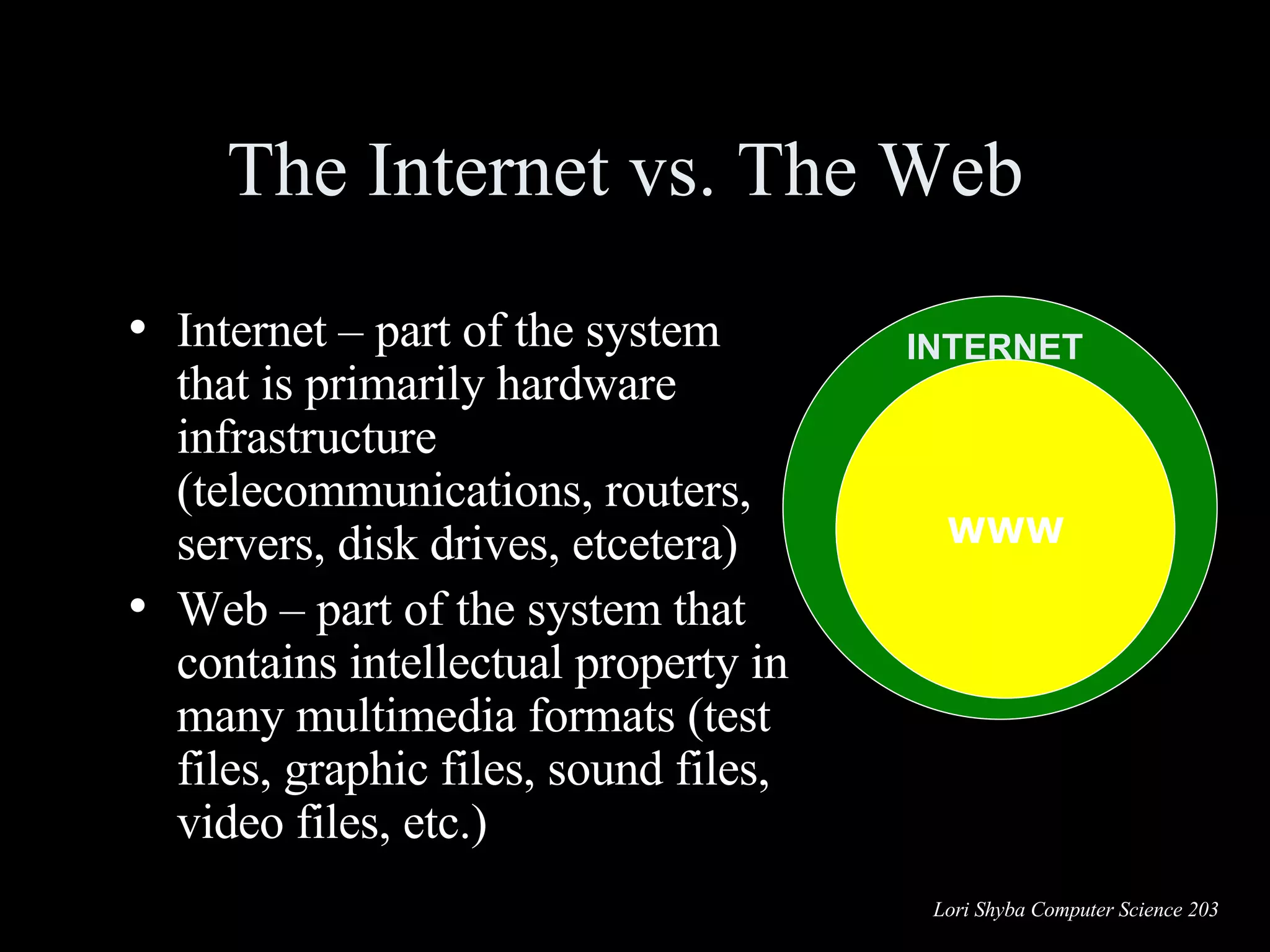 The Internet vs. The Web  Internet – part of the system that is primarily hardware infrastructure (telecommunications, routers, servers, disk drives, etcetera) Web – part of the system that contains intellectual property in many multimedia formats (test files, graphic files, sound files, video files, etc.) INTERNET WWW 