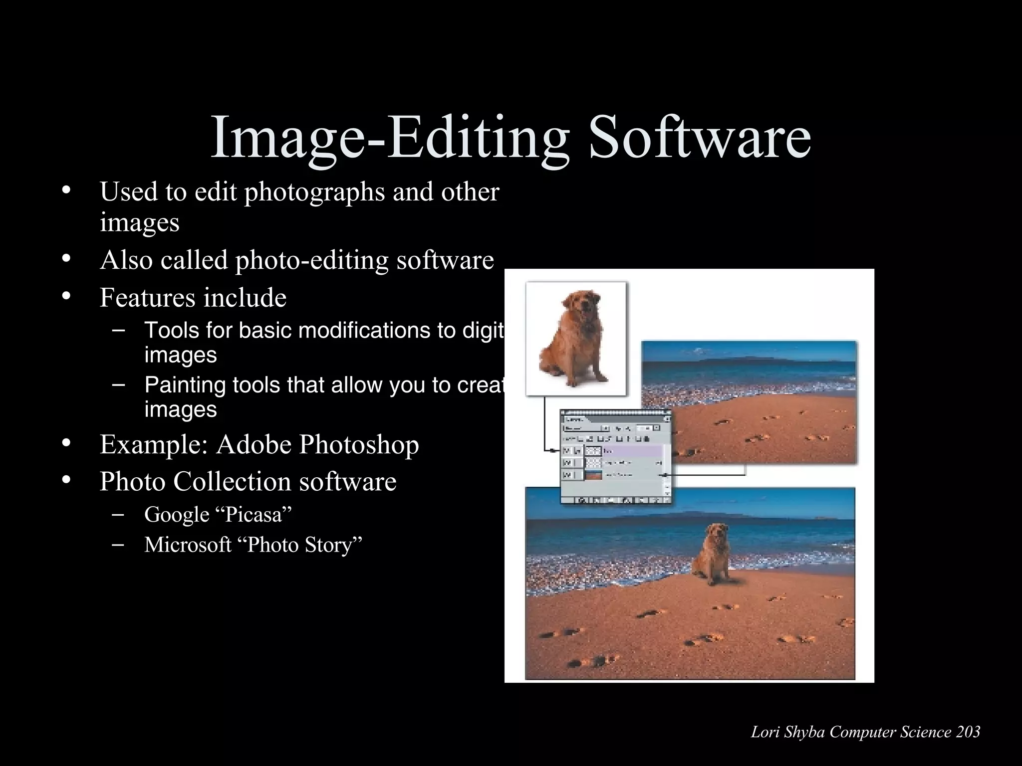 Image-Editing Software Used to edit photographs and other images Also called photo-editing software Features include Tools for basic modifications to digital images  Painting tools that allow you to create images  Example: Adobe Photoshop Photo Collection software   Google “Picasa” Microsoft “Photo Story” 