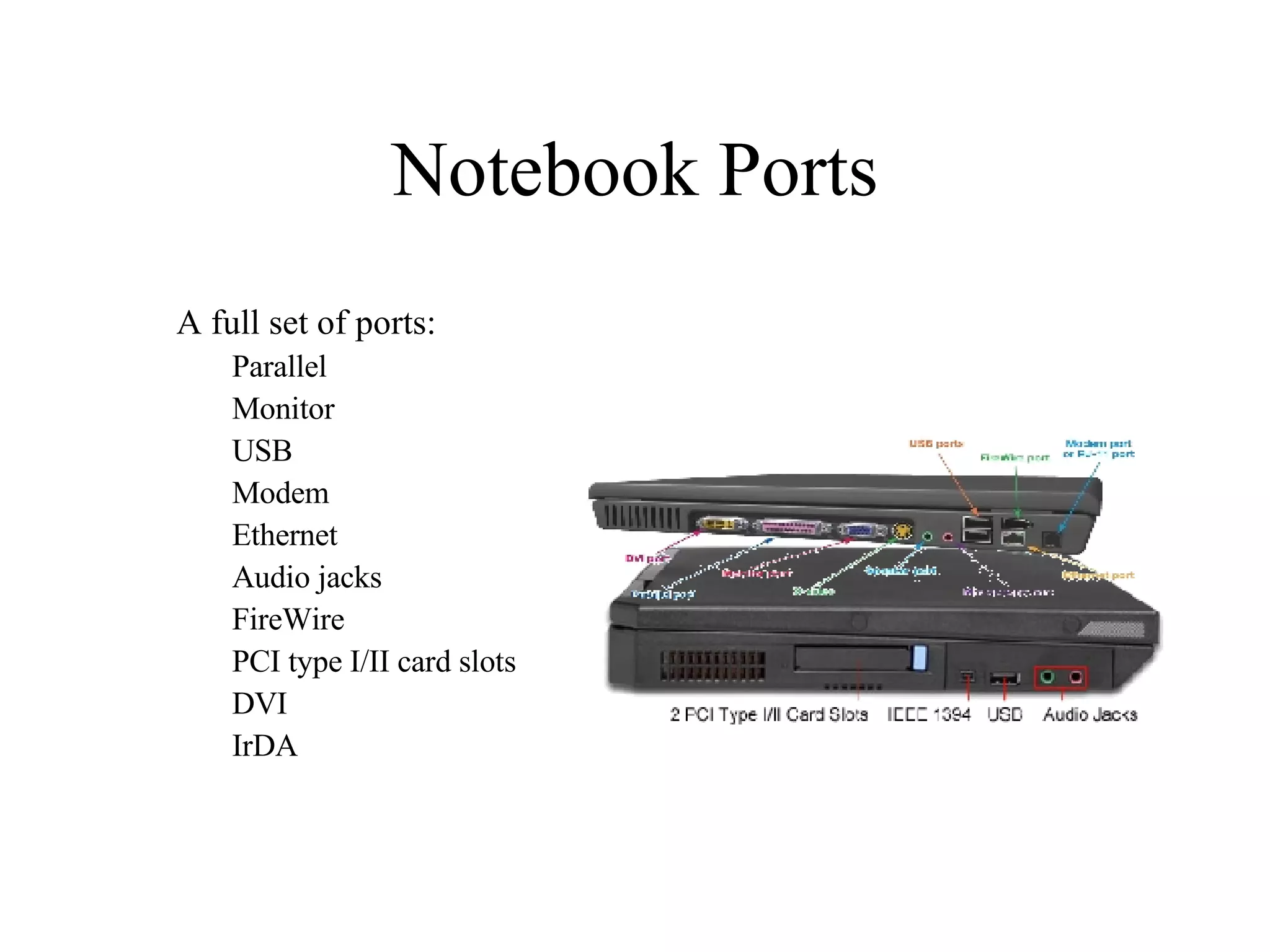 Notebook Ports A full set of ports: Parallel Monitor USB Modem Ethernet Audio jacks FireWire PCI type I/II card slots DVI IrDA 