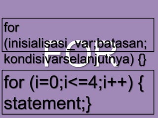 for
(inisialisasi_var;batasan;
kondisivarselanjutnya) {}

FOR

for (i=0;i<=4;i++) {
statement;}

 