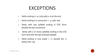 1. Verbs ending in –e, only add a –d at the end
2. Verbs ending in a consonant + -y, add –ied
3. Verbs with one syllable ending in CVC form,
double the last consonant.
4. Verbs with 2 or more syllables ending in the CVC
form and with the last stressed syllable
5. Verbs ending in one vowel + -L, double the –L
before the –ed
Luis Roberto Ortiz
 