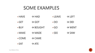  HAVE  HAD
 GET  GOT
 BUY  BOUGHT
 MAKE  MADE
 COME  CAME
 EAT  ATE
 LEAVE  LEFT
 DO  DID
 GO  WENT
 SEE  SAW
Luis Roberto Ortiz
 