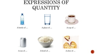 A bottle of … A glass of … A cup of …
A can of … A bowl of … A slice of …
 