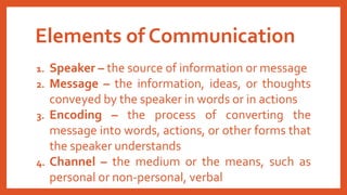Elements of Communication
1. Speaker – the source of information or message
2. Message – the information, ideas, or thoughts
conveyed by the speaker in words or in actions
3. Encoding – the process of converting the
message into words, actions, or other forms that
the speaker understands
4. Channel – the medium or the means, such as
personal or non-personal, verbal
 