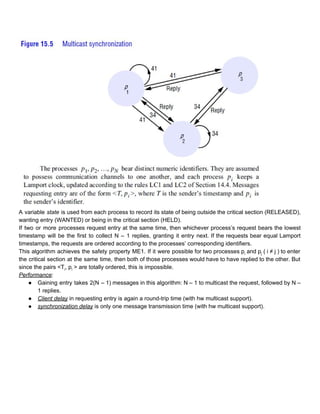  
 
A variable ​state is used from each process to record its state of being outside the critical section (RELEASED),                                     
wanting entry (WANTED) or being in the critical section (HELD). 
If two or more processes request entry at the same time, then whichever process’s request bears the lowest                                   
timestamp will be the first to collect N – 1 replies, granting it entry next. If the requests bear equal Lamport                                         
timestamps, the requests are ordered according to the processes’ corresponding identifiers. 
This algorithm achieves the safety property ME1. If it were possible for two processes p​i and p​j ( i ≠ j ) to enter                                               
the critical section at the same time, then both of those processes would have to have replied to the other. But                                         
since the pairs <T​i​, p​i​ > are totally ordered, this is impossible. 
Performance​: 
● Gaining entry takes 2(N – 1) messages in this algorithm: N – 1 to multicast the request, followed by N –                                         
1 replies.  
● Client delay​ in requesting entry is again a round­trip time (with hw multicast support). 
● synchronization delay​ is only one message transmission time (with hw multicast support). 
 
 