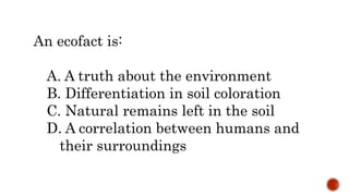 An ecofact is:
A. A truth about the environment
B. Differentiation in soil coloration
C. Natural remains left in the soil
D. A correlation between humans and
their surroundings
 