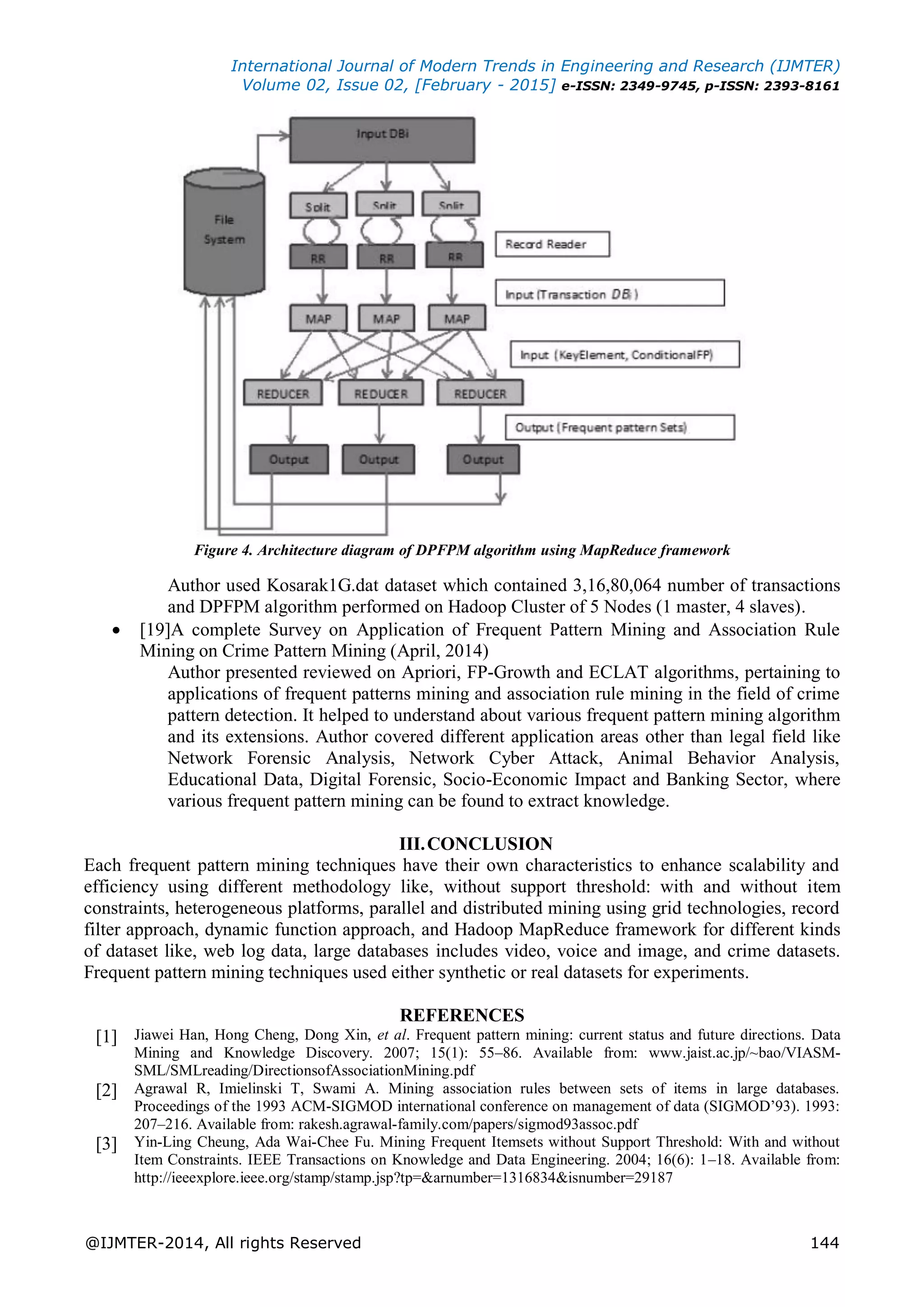 International Journal of Modern Trends in Engineering and Research (IJMTER)
Volume 02, Issue 02, [February - 2015] e-ISSN: 2349-9745, p-ISSN: 2393-8161
@IJMTER-2014, All rights Reserved 144
Figure 4. Architecture diagram of DPFPM algorithm using MapReduce framework
Author used Kosarak1G.dat dataset which contained 3,16,80,064 number of transactions
and DPFPM algorithm performed on Hadoop Cluster of 5 Nodes (1 master, 4 slaves).
 [19]A complete Survey on Application of Frequent Pattern Mining and Association Rule
Mining on Crime Pattern Mining (April, 2014)
Author presented reviewed on Apriori, FP-Growth and ECLAT algorithms, pertaining to
applications of frequent patterns mining and association rule mining in the field of crime
pattern detection. It helped to understand about various frequent pattern mining algorithm
and its extensions. Author covered different application areas other than legal field like
Network Forensic Analysis, Network Cyber Attack, Animal Behavior Analysis,
Educational Data, Digital Forensic, Socio-Economic Impact and Banking Sector, where
various frequent pattern mining can be found to extract knowledge.
III.CONCLUSION
Each frequent pattern mining techniques have their own characteristics to enhance scalability and
efficiency using different methodology like, without support threshold: with and without item
constraints, heterogeneous platforms, parallel and distributed mining using grid technologies, record
filter approach, dynamic function approach, and Hadoop MapReduce framework for different kinds
of dataset like, web log data, large databases includes video, voice and image, and crime datasets.
Frequent pattern mining techniques used either synthetic or real datasets for experiments.
REFERENCES
[1] Jiawei Han, Hong Cheng, Dong Xin, et al. Frequent pattern mining: current status and future directions. Data
Mining and Knowledge Discovery. 2007; 15(1): 55–86. Available from: www.jaist.ac.jp/~bao/VIASM-
SML/SMLreading/DirectionsofAssociationMining.pdf
[2] Agrawal R, Imielinski T, Swami A. Mining association rules between sets of items in large databases.
Proceedings of the 1993 ACM-SIGMOD international conference on management of data (SIGMOD‟93). 1993:
207–216. Available from: rakesh.agrawal-family.com/papers/sigmod93assoc.pdf
[3] Yin-Ling Cheung, Ada Wai-Chee Fu. Mining Frequent Itemsets without Support Threshold: With and without
Item Constraints. IEEE Transactions on Knowledge and Data Engineering. 2004; 16(6): 1–18. Available from:
http://ieeexplore.ieee.org/stamp/stamp.jsp?tp=&arnumber=1316834&isnumber=29187
 