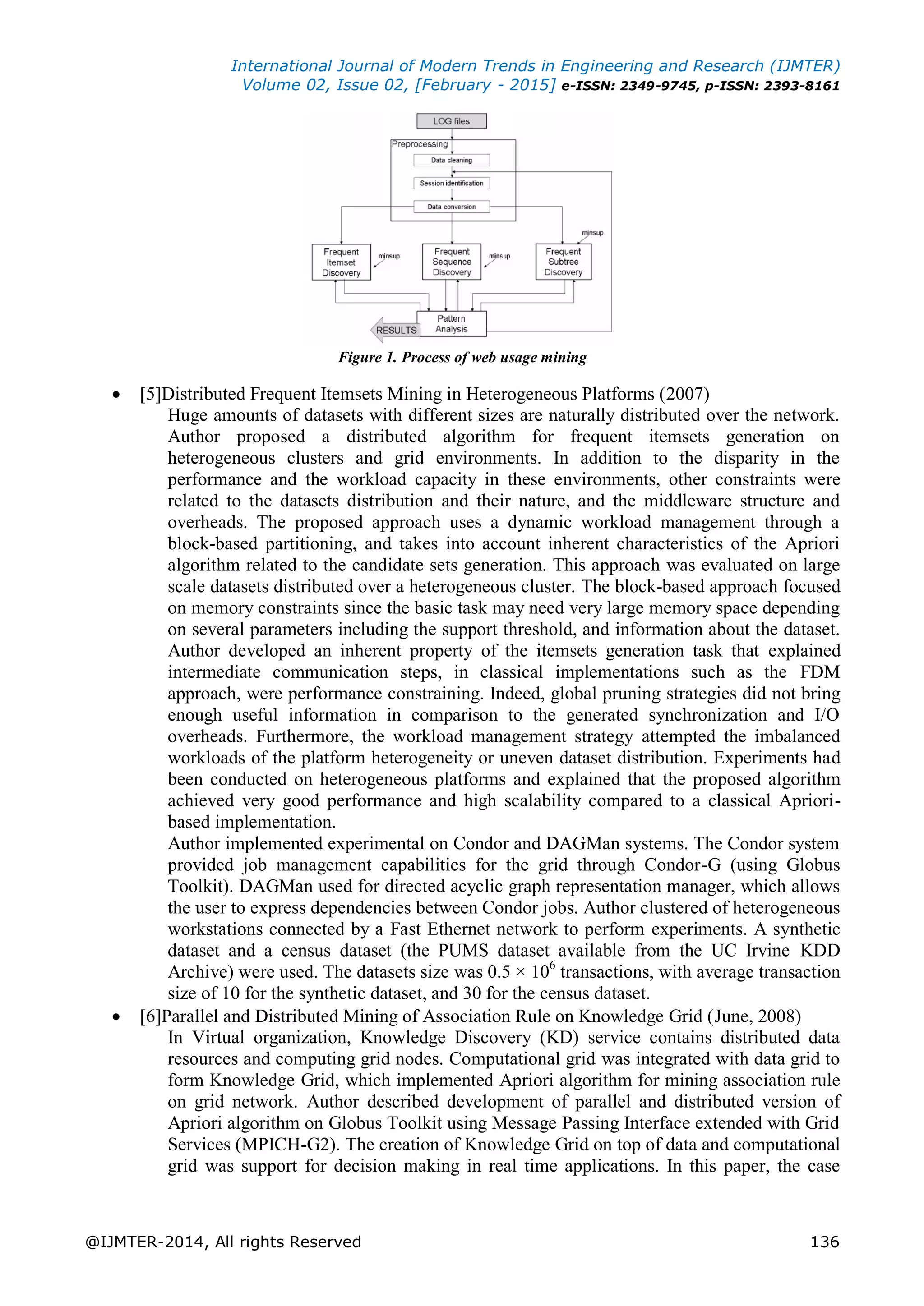 International Journal of Modern Trends in Engineering and Research (IJMTER)
Volume 02, Issue 02, [February - 2015] e-ISSN: 2349-9745, p-ISSN: 2393-8161
@IJMTER-2014, All rights Reserved 136
Figure 1. Process of web usage mining
 [5]Distributed Frequent Itemsets Mining in Heterogeneous Platforms (2007)
Huge amounts of datasets with different sizes are naturally distributed over the network.
Author proposed a distributed algorithm for frequent itemsets generation on
heterogeneous clusters and grid environments. In addition to the disparity in the
performance and the workload capacity in these environments, other constraints were
related to the datasets distribution and their nature, and the middleware structure and
overheads. The proposed approach uses a dynamic workload management through a
block-based partitioning, and takes into account inherent characteristics of the Apriori
algorithm related to the candidate sets generation. This approach was evaluated on large
scale datasets distributed over a heterogeneous cluster. The block-based approach focused
on memory constraints since the basic task may need very large memory space depending
on several parameters including the support threshold, and information about the dataset.
Author developed an inherent property of the itemsets generation task that explained
intermediate communication steps, in classical implementations such as the FDM
approach, were performance constraining. Indeed, global pruning strategies did not bring
enough useful information in comparison to the generated synchronization and I/O
overheads. Furthermore, the workload management strategy attempted the imbalanced
workloads of the platform heterogeneity or uneven dataset distribution. Experiments had
been conducted on heterogeneous platforms and explained that the proposed algorithm
achieved very good performance and high scalability compared to a classical Apriori-
based implementation.
Author implemented experimental on Condor and DAGMan systems. The Condor system
provided job management capabilities for the grid through Condor-G (using Globus
Toolkit). DAGMan used for directed acyclic graph representation manager, which allows
the user to express dependencies between Condor jobs. Author clustered of heterogeneous
workstations connected by a Fast Ethernet network to perform experiments. A synthetic
dataset and a census dataset (the PUMS dataset available from the UC Irvine KDD
Archive) were used. The datasets size was 0.5 × 106
transactions, with average transaction
size of 10 for the synthetic dataset, and 30 for the census dataset.
 [6]Parallel and Distributed Mining of Association Rule on Knowledge Grid (June, 2008)
In Virtual organization, Knowledge Discovery (KD) service contains distributed data
resources and computing grid nodes. Computational grid was integrated with data grid to
form Knowledge Grid, which implemented Apriori algorithm for mining association rule
on grid network. Author described development of parallel and distributed version of
Apriori algorithm on Globus Toolkit using Message Passing Interface extended with Grid
Services (MPICH-G2). The creation of Knowledge Grid on top of data and computational
grid was support for decision making in real time applications. In this paper, the case
 