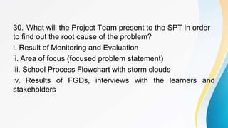30. What will the Project Team present to the SPT in order
to find out the root cause of the problem?
i. Result of Monitoring and Evaluation
ii. Area of focus (focused problem statement)
iii. School Process Flowchart with storm clouds
iv. Results of FGDs, interviews with the learners and
stakeholders
 