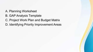 A. Planning Worksheet
B. GAP Analysis Template
C. Project Work Plan and Budget Matrix
D. Identifying Priority Improvement Areas
 