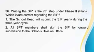 36. Writing the SIP is the 7th step under Phase II (Plan).
Which is/are correct regarding the SIP?
1. The School Head will submit the SIP yearly during the
three-year cycle.
2. All SPT members shall sign the SIP for onward
submission to the Schools Division Office
 