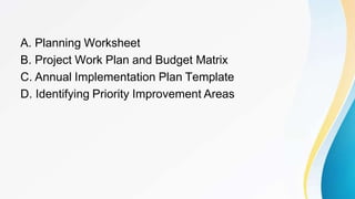 A. Planning Worksheet
B. Project Work Plan and Budget Matrix
C. Annual Implementation Plan Template
D. Identifying Priority Improvement Areas
 