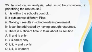 25. In root cause analysis, what must be considered in
prioritizing the root cause?
i. It is within the school’s control.
ii. It cuts across different PIAs.
iii. Solving it results in school-wide improvement.
iv. It can be addressed by having enough resources.
v. There is sufficient time to think about its solution.
A. iii and iv only
B. i, ii and iv only
C. i, ii, iv and v only
D. i, ii, iii, iv and v
 