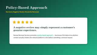 Policy-Based Approach
Not Every Negative Review Should Be Removed
A negative review may simply represent a customer's
genuine experience.
Review Removal Services promotes a policy-based approach — businesses first determine whether
content actually violates the relevant platform's rules before submitting a removal request.
11
 