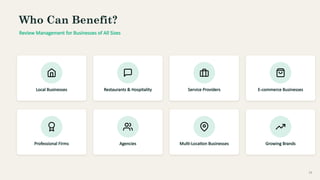 Who Can Benefit?
Review Management for Businesses of All Sizes
Local Businesses Restaurants & Hospitality Service Providers E-commerce Businesses
Professional Firms Agencies Multi-Location Businesses Growing Brands
12
 